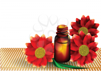 aromatherapy. bottle and flowers on wooden table
