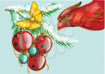 christmas baubles. abstract christmas festive background with bird and beetles