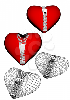 set of hearts with zipper. opening and closed hearts with zipper