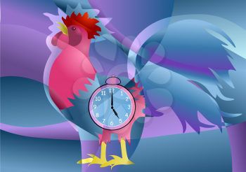 Cock with clock on multicolor background