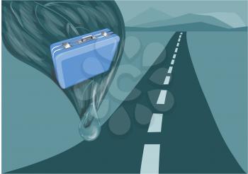  suitcase and road.  illustration of suitcase against blue background