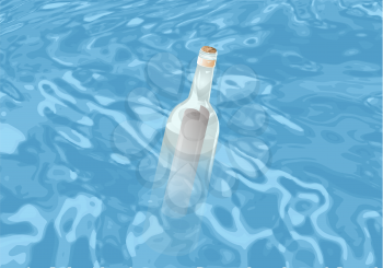 bottle with a note in the blue sea