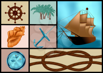 marine themes set. ship, anchor and palm tree