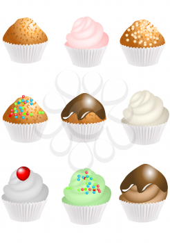 set of cupcakes with cream isolated on whiite