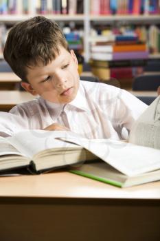 Portrait of clever boy in white shirt reading book