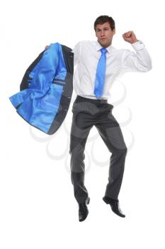 Photo of a businessman jumping in the air holding his suit jacket, isolated on a white background