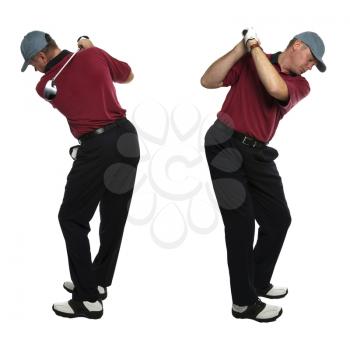 Both side views of a male golfer taking a swing with a golf club isolated on a white background.