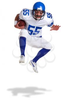 Photo of an American football player, cut out on a white background.