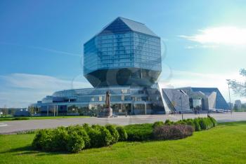 National Library of Belarus in Minsk, Belarus, East Europe. This is a large modern building in the form of diamond.