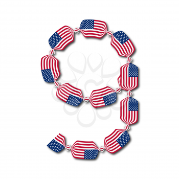 Number 9 made of USA flags in form of candies on white background, Vector Illustration
