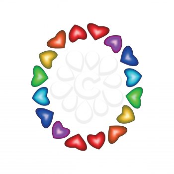 Letter O made of multicolored hearts on white background