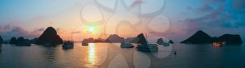 Panoramic view of sunset in Halong Bay, Vietnam, Southeast Asia