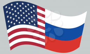 American and Russian flags waving  on gray background