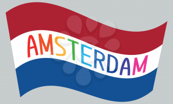 Netherlands flag waving with multicolored word Amsterdam on gray background