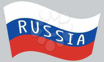 Russian flag waving with word Russia on gray background