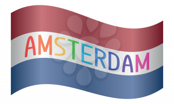 Netherlands flag waving with multicolored word Amsterdam on white background