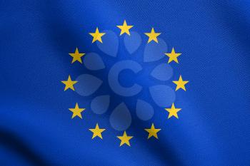 Flag of Europe waving in the wind with detailed fabric texture. Flag of European Union.