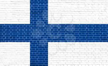 Flag of Finland on brick wall texture background. Finnish national flag.
