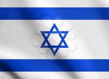 Flag of Israel waving in the wind with detailed fabric texture. Israeli national flag.