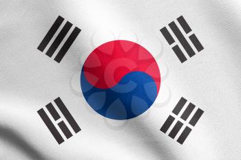 Flag of South Korea waving in the wind with detailed fabric texture. South Korean national flag.