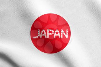 Flag of Japan waving in the wind with detailed fabric texture. Japanese national flag. Word Japan.