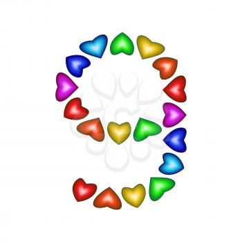 Number 9 of colorful hearts on white. Symbol for happy birthday, event, invitation, greeting card, award, ceremony. Holiday anniversary sign. Multicolored icon. Nine in rainbow colors.