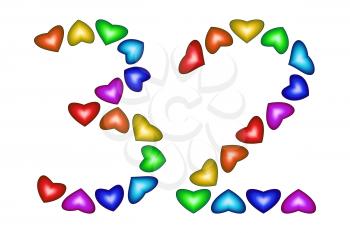 Number 32 of colorful hearts on white. Symbol for happy birthday, event, invitation, greeting card, award, ceremony. Holiday anniversary sign. Multicolored icon. Thirty two in rainbow colors.