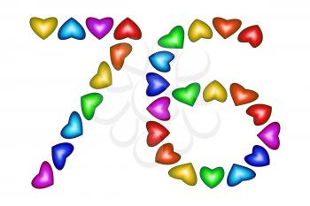 Number 76 of colorful hearts on white. Symbol for happy birthday, event, invitation, greeting card, award, ceremony. Holiday anniversary sign. Multicolored icon. Seventy six in rainbow colors.