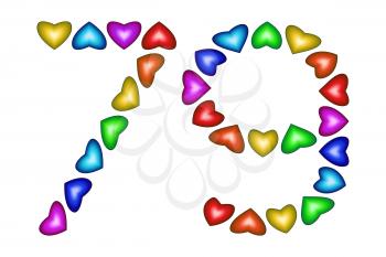 Number 79 of colorful hearts on white. Symbol for happy birthday, event, invitation, greeting card, award, ceremony. Holiday anniversary sign. Multicolored icon. Seventy nine in rainbow colors.