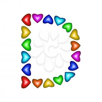 Letter D made of multicolored hearts on white background