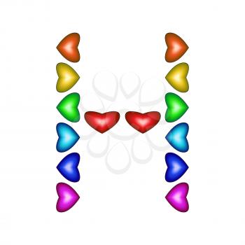 Letter H made of multicolored hearts on white background 
