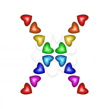 Letter X made of multicolored hearts on white background