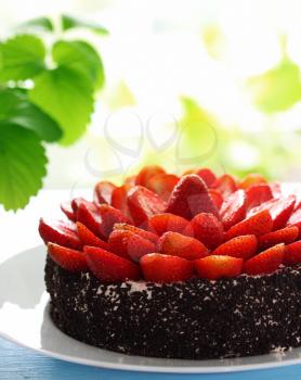 Chocolate cake decorated with fresh juicy strawberries