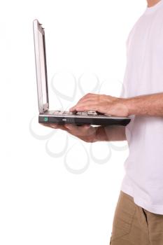 hands of teen with laptop, isolated on white background
