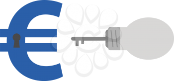 Vector grey light bulb key with blue euro symbol and keyhole.
