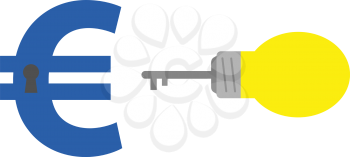 Vector yellow light bulb key with blue euro symbol and keyhole.