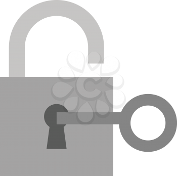 Vector grey key unlocking grey padlock with keyhole.