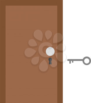 Vector brown door with keyhole and grey key.