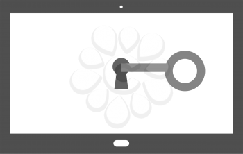 Vector grey key unlocking black tablet with keyhole.