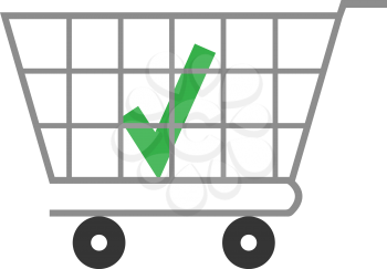 Vector green check mark inside in grey shopping cart.