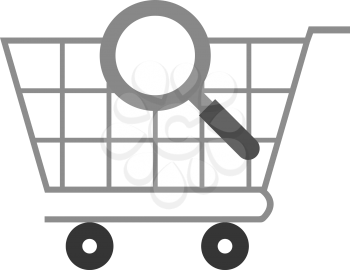 Vector grey magnifier against grey shopping cart.