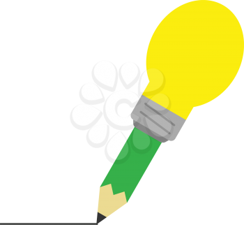 Vector green pencil with yellow light bulb tip drawing line.