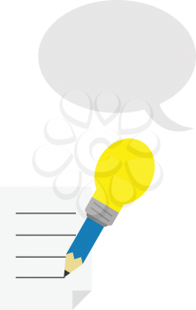 Vector blue pencil with yellow light bulb tip with lined paper and grey speech bubble.
