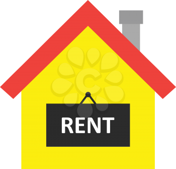 Vector red roofed yellow house icon with black rent sign.