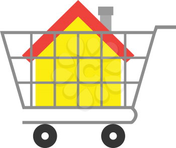 Vector yellow red house icon inside grey shopping cart.