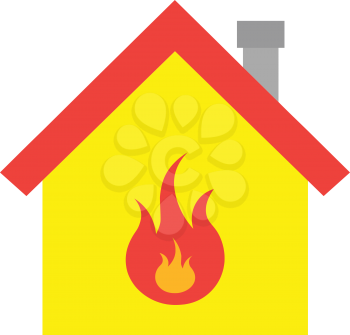 Vector red roofed yellow house icon with red fire symbol