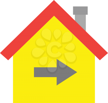 Vector red roofed yellow house icon with grey arrow pointing right.