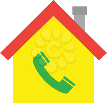 Vector red roofed yellow house icon with green phone symbol 