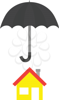 Vector yellow house icon on right under grey umbrella.