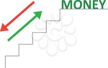 Vector grey line stairs with arrows pointing up, down and green money text on top.